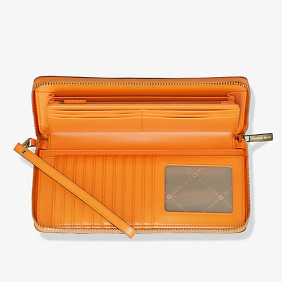 New Michael Kors Jet Set Large Travel Continental Wallet Leather Pop Orange - Picture 3 of 4
